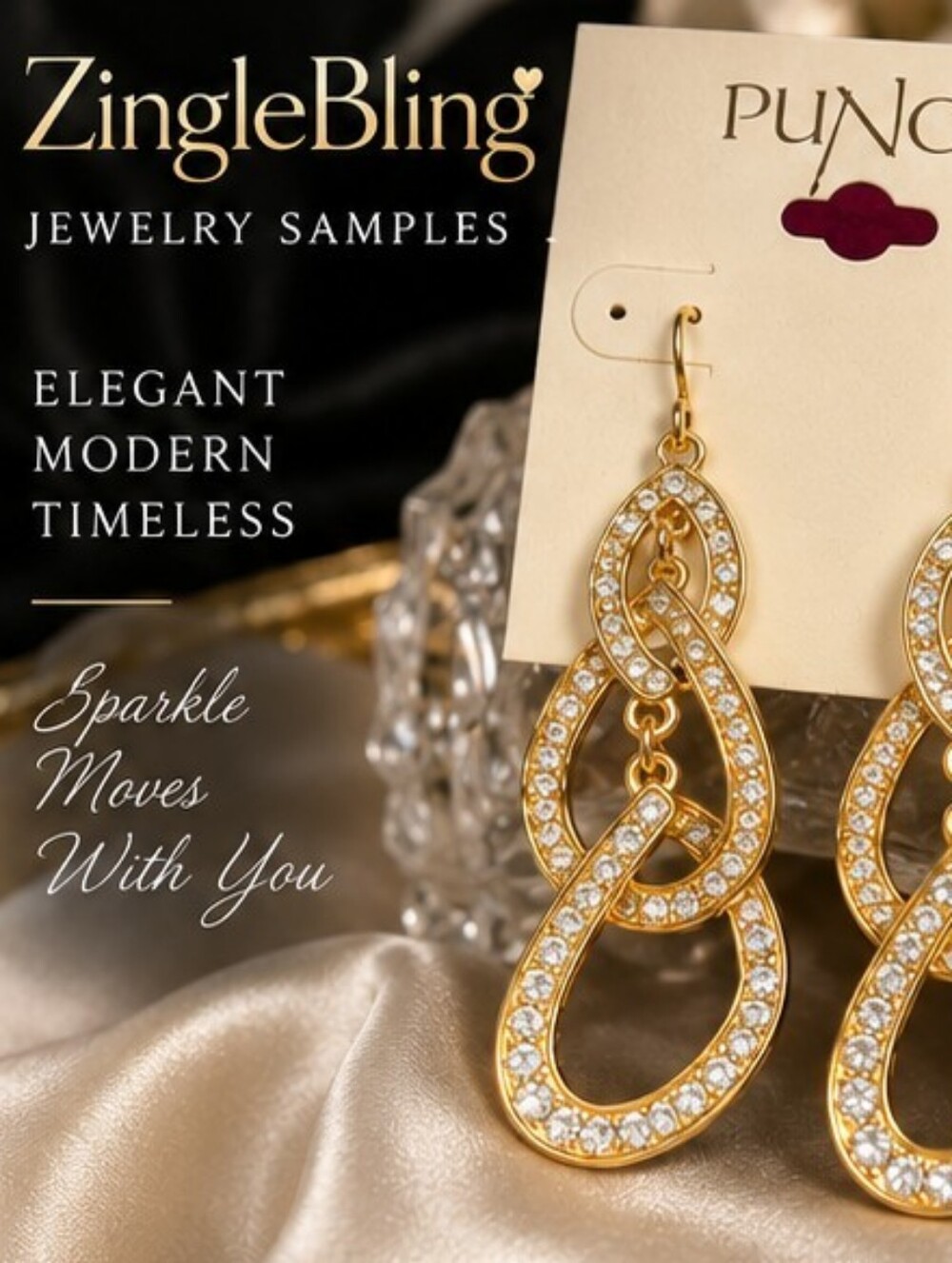 PUNCH Jewelry Sample Clear Crystal Gold Tone Linked Teardrop Earrings